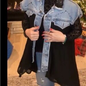 Sleeveless denim & black chiffon long sequin jacket duster high low custom flowy